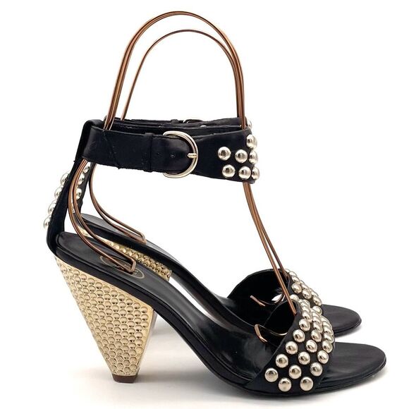 ASH Gold Studded Black Leather Ankle Cuff Heeled Strappy Sandals Size 38 | US 7 - Picture 8 of 16